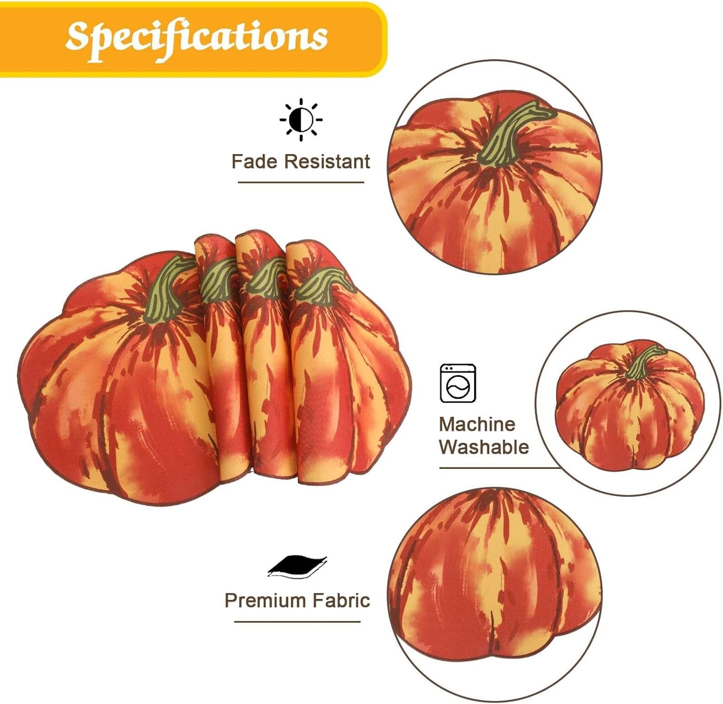 Red Pumpkin Placemats Set of 4, Fall Pumpkin Printed Dining Table Mats for Kitchen, Stain-Resistant, Protecting the Dining Table Washable Place Mats for Halloween, Thanksgiving, 13"X15"