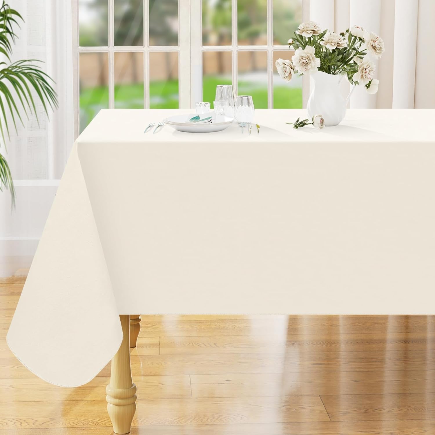 Beige 60x84 Inch Waterproof Vinyl Rectangle Tablecloth - Oil Spill Resistant Plastic Cover for Dining, Picnics, Camping, and Outdoor Use