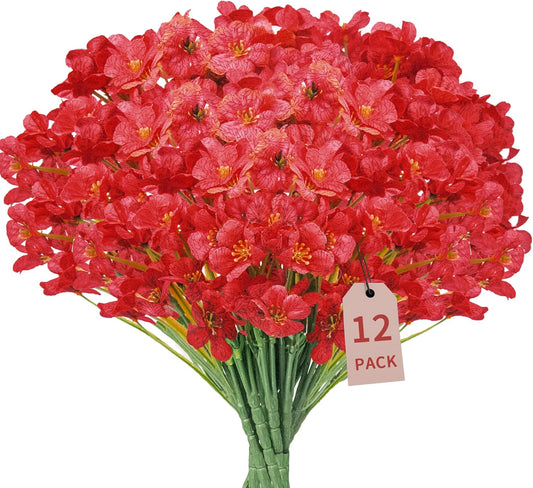 12 Bundles of Red Artificial Orchids - Fade-Resistant Plastic Flowers for Indoor and Outdoor Decoration, Ideal for Hanging Planters, Gardens, Porches, Window Boxes, Homes, Weddings, and Farmhouses