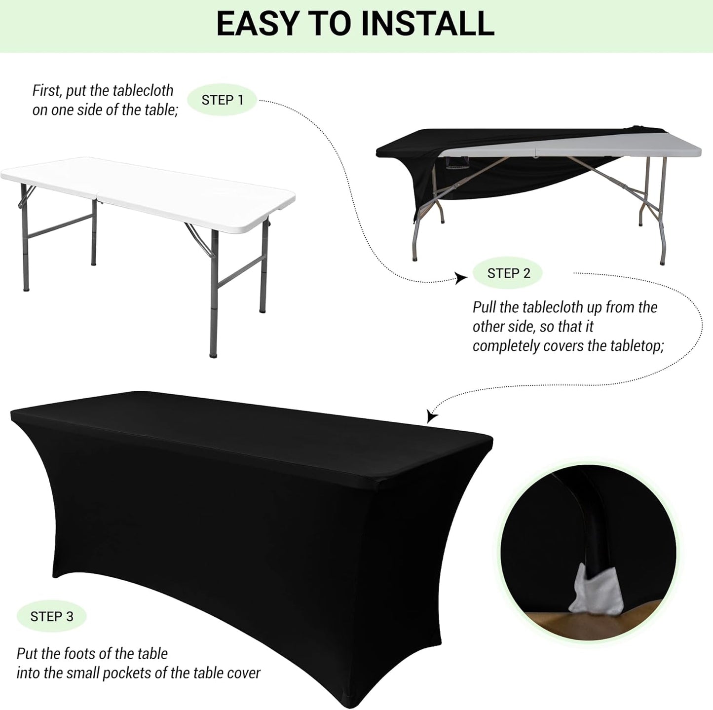 6Ft Stretch Black Spandex Table Cloth for Standard Folding Tables - 2 Pack Universal Rectangular Fitted Tablecloth Protector for Wedding, Trade Show, Vendor Stand