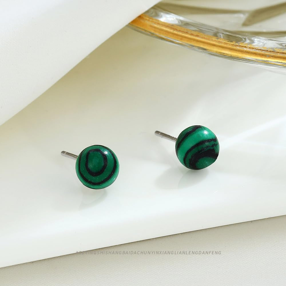 Mother'S Day Handmade Natural Stone Earrings 8Mm Handmade Healing Earrings Green Peacock Stone Stud Earrings Jewelry Gifts for Women (Malachite)