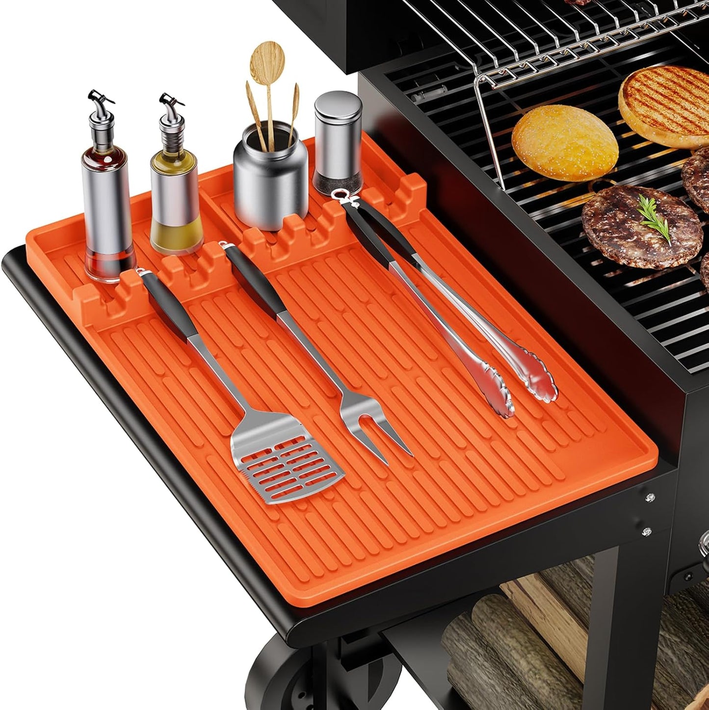 Silicone Griddle Mat with Seasoning Jar Holder and Side Shelf Pad for Outdoor Grilling Accessories, BBQ Tool Rest, and Kitchen Aid Attachments (Orange)