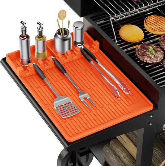 Silicone Griddle Mat with Seasoning Jar Holder and Side Shelf Pad for Outdoor Grilling Accessories, BBQ Tool Rest, and Kitchen Aid Attachments (Orange)
