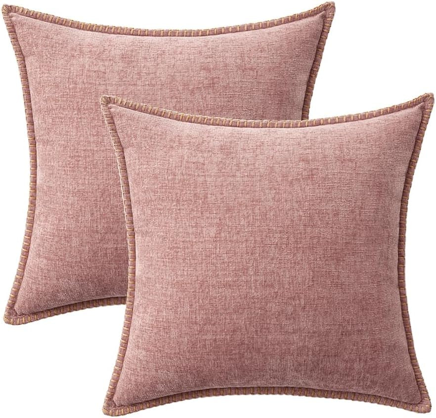 Pack of 2 Couch Throw Pillow Covers 18X18 Inch Blush Pink Farmhouse Decorative Pillow Covers with Stitched Edge Soft Chenille Solid Dyed Spring Pillow Covers for Sofa Bed Living Room