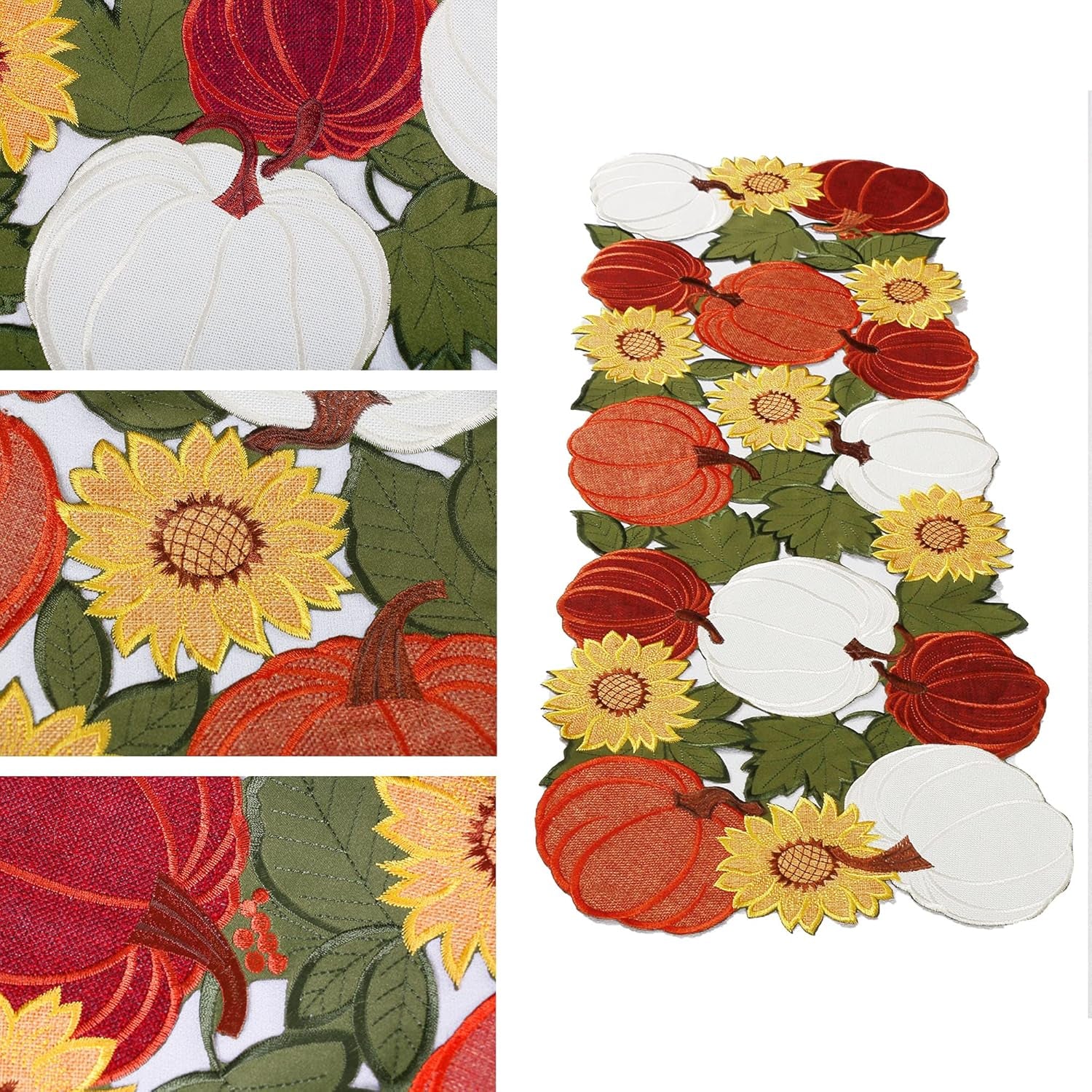 Thanksgiving Table Runner 36 Inches Long, Small Short Fall Table Runner, Boho Farmhouse Embroidered Table Centerpieces with Pumpkins and Sunflowers, Fall Decor for Home , 13 Inch X 36 Inch