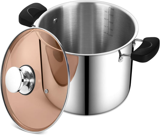 Stainless Steel 3-Ply Sock Pot with Lid, Stockpot for Cooking Pasta & Stewing Soup, Fits Multi Stoves, Heat-Proof Handle & Clear Lid, Heavy Duty & Dishwasher Safe, 10 Quarts