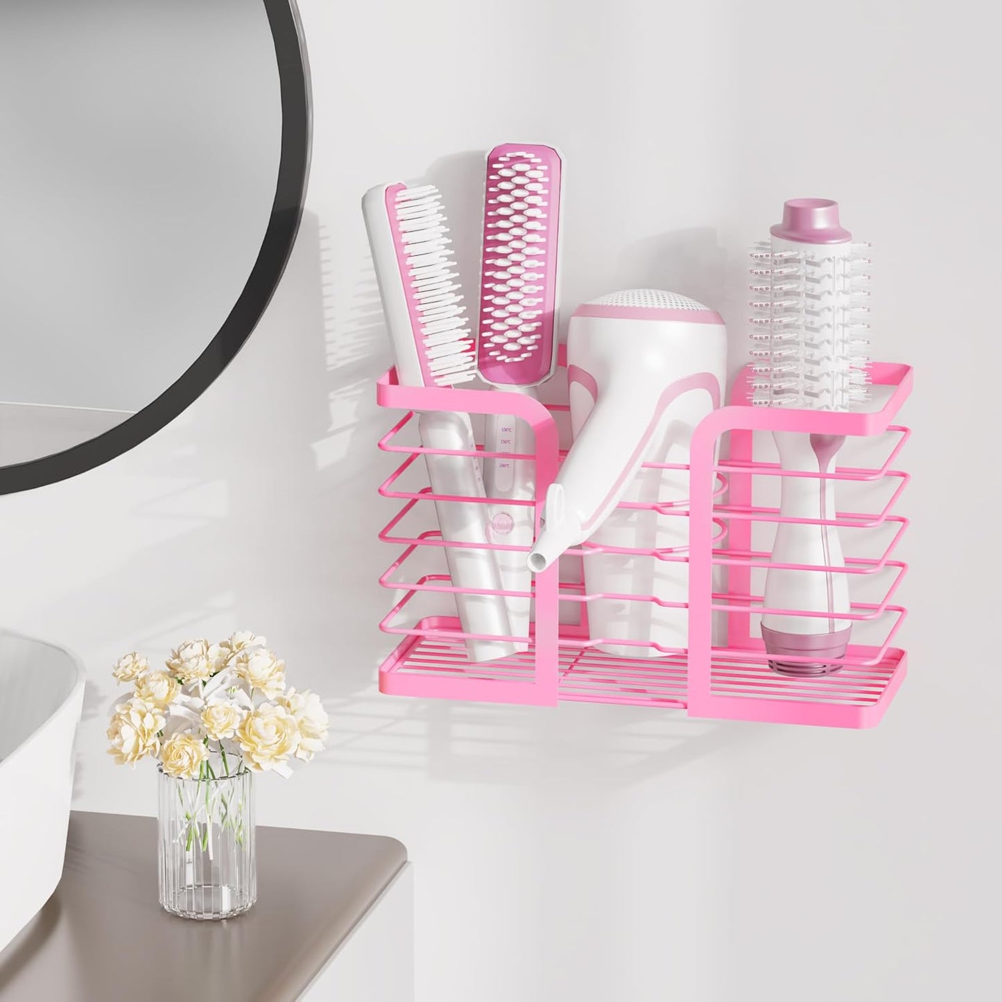 Pink Hair Dryer Holder - 3-Section Organizer for Hair Tools, Wall-Mounted/Cabinet Door Straightener Holder, Adjustable Height Metal Dryer and Curling Iron Organizer