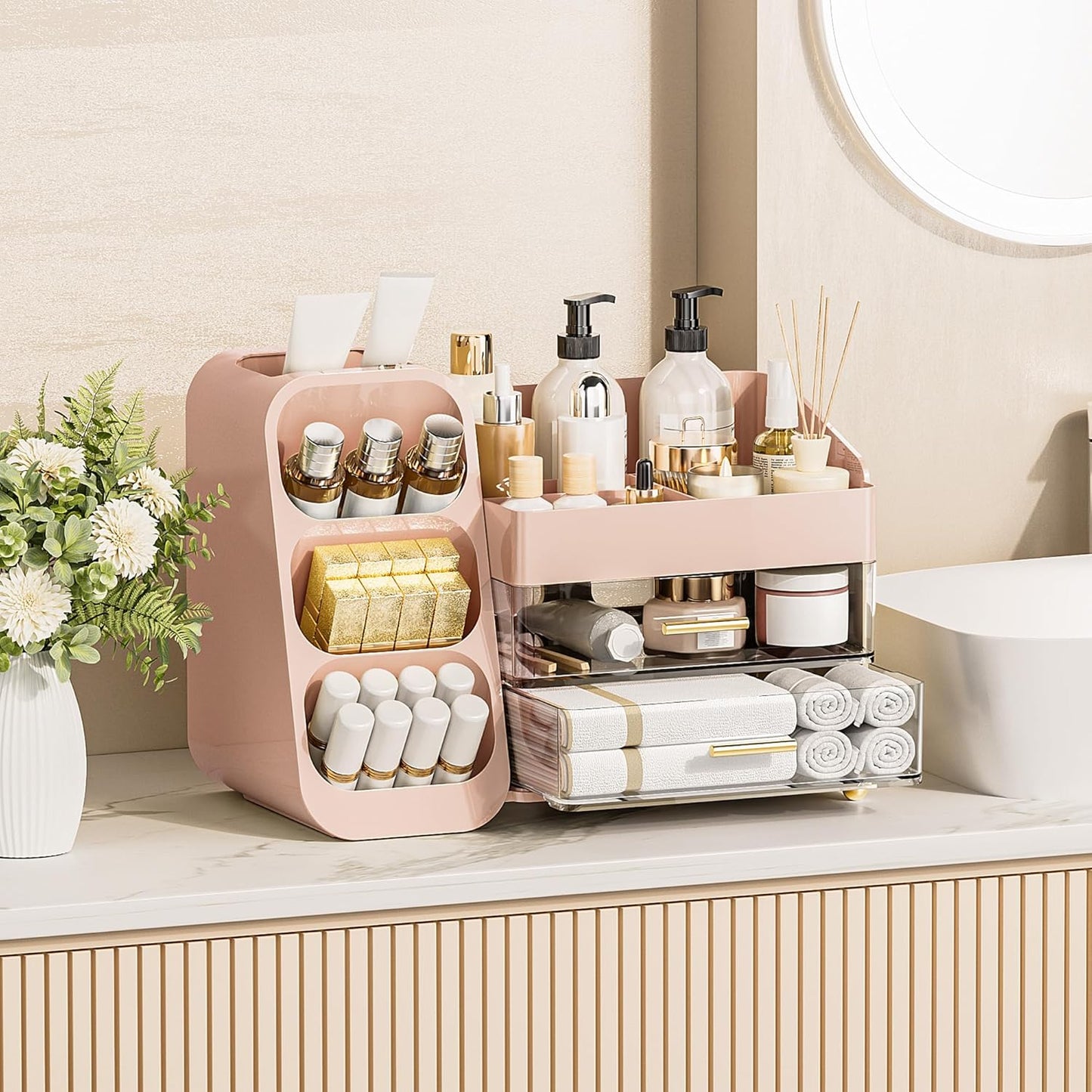 Makeup Organizer with Drawers for Vanity, Spacious Cosmetic Display Case with Makeup Brush Holder, Perfect Vanity Bathroom Organizer and Storage Solution for Skincare & Beauty Essentials, Pink