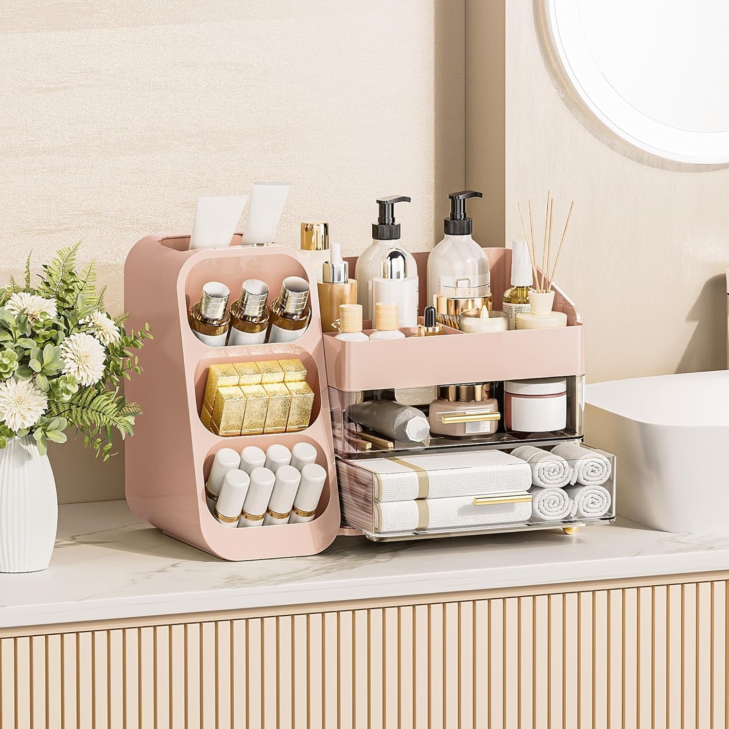 Makeup Organizer with Drawers for Vanity, Spacious Cosmetic Display Case with Makeup Brush Holder, Perfect Vanity Bathroom Organizer and Storage Solution for Skincare & Beauty Essentials, Pink