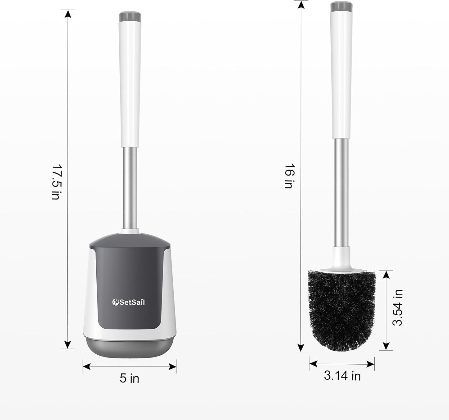 Toilet Brush and Holder, Self Closing Lid Toilet Bowl Brushes Holder and Extra Long Handle Ventilated Toilet Brush Set for Bathroom Cleaning, Nylon Bristles, White & Grey