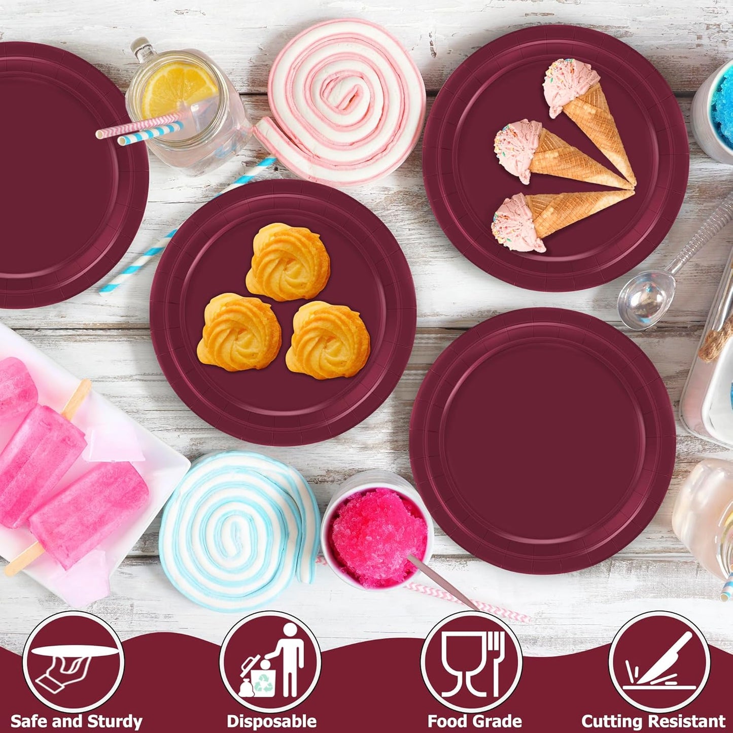 Disposable Paper Plates Set, 50 PCS Purple Dinner Paper Plates, round 9 Inches Party Plates Pack for Daily Meal Picnic Anniversary Mardi Gras Carnival Festival Gathering Party Supplies