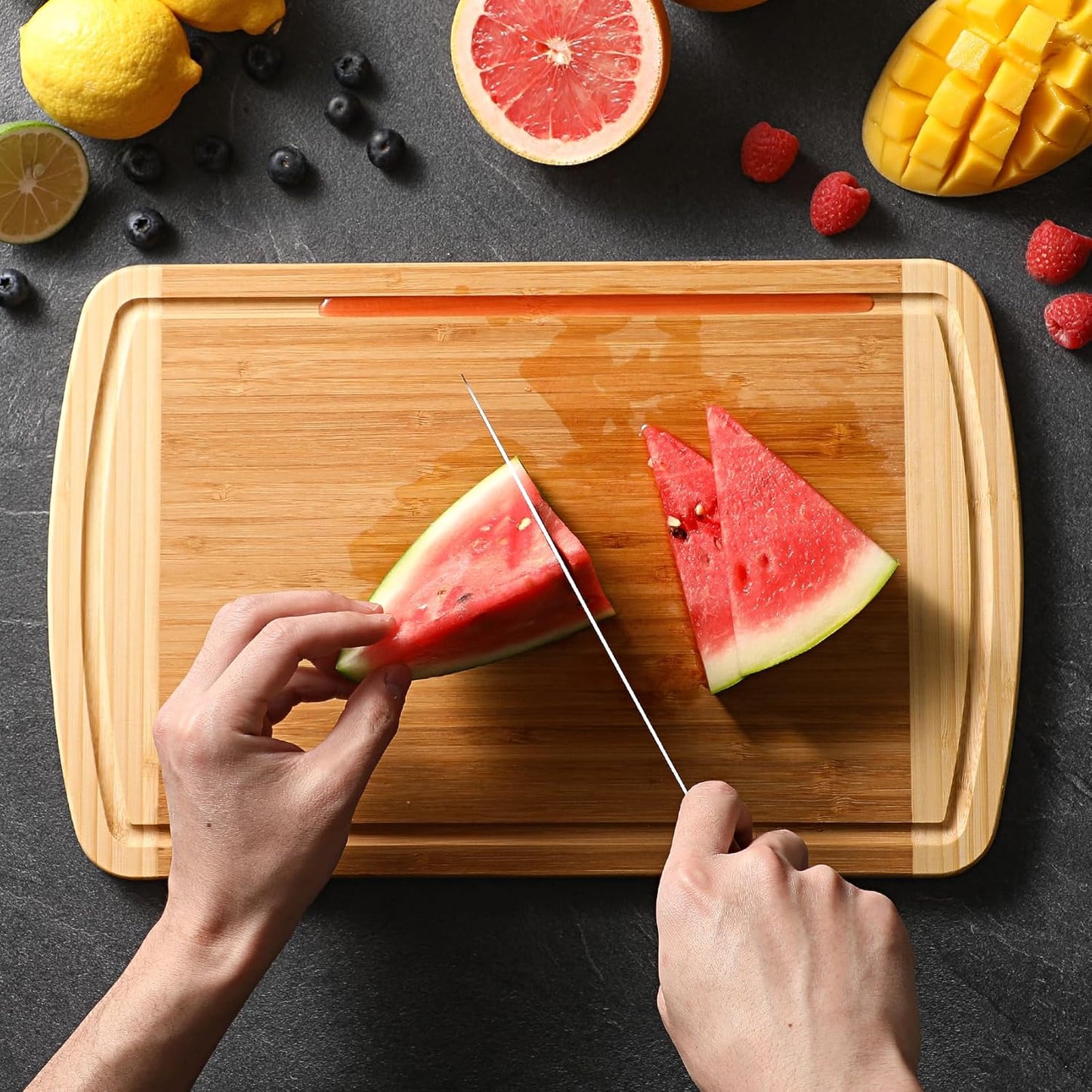 Large Wooden Cutting Board for Kitchen Meal Prep & Serving - Bamboo Cutting Boards with Juice Groove Side Handles, Charcuterie & Chopping Butcher Block - 100% Organic Bamboo, Pre Oiled, 16" X 10"