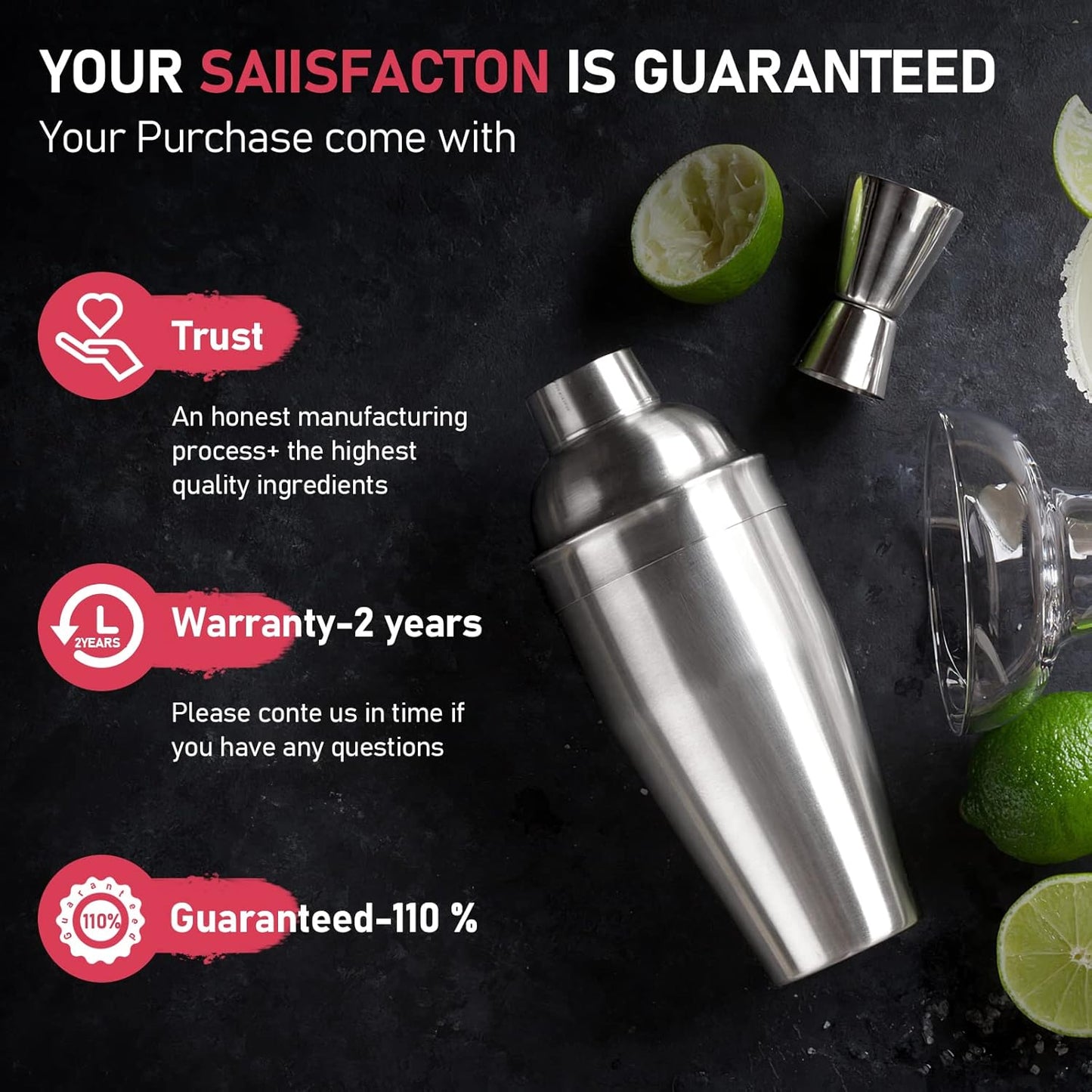 25 oz Professional Cocktail Shaker Set - Includes Martini Shaker, Margarita Mixer, Measuring Jigger, and Mixing Spoon - Premium 18/8 Stainless Steel Bar Tools for Mixology