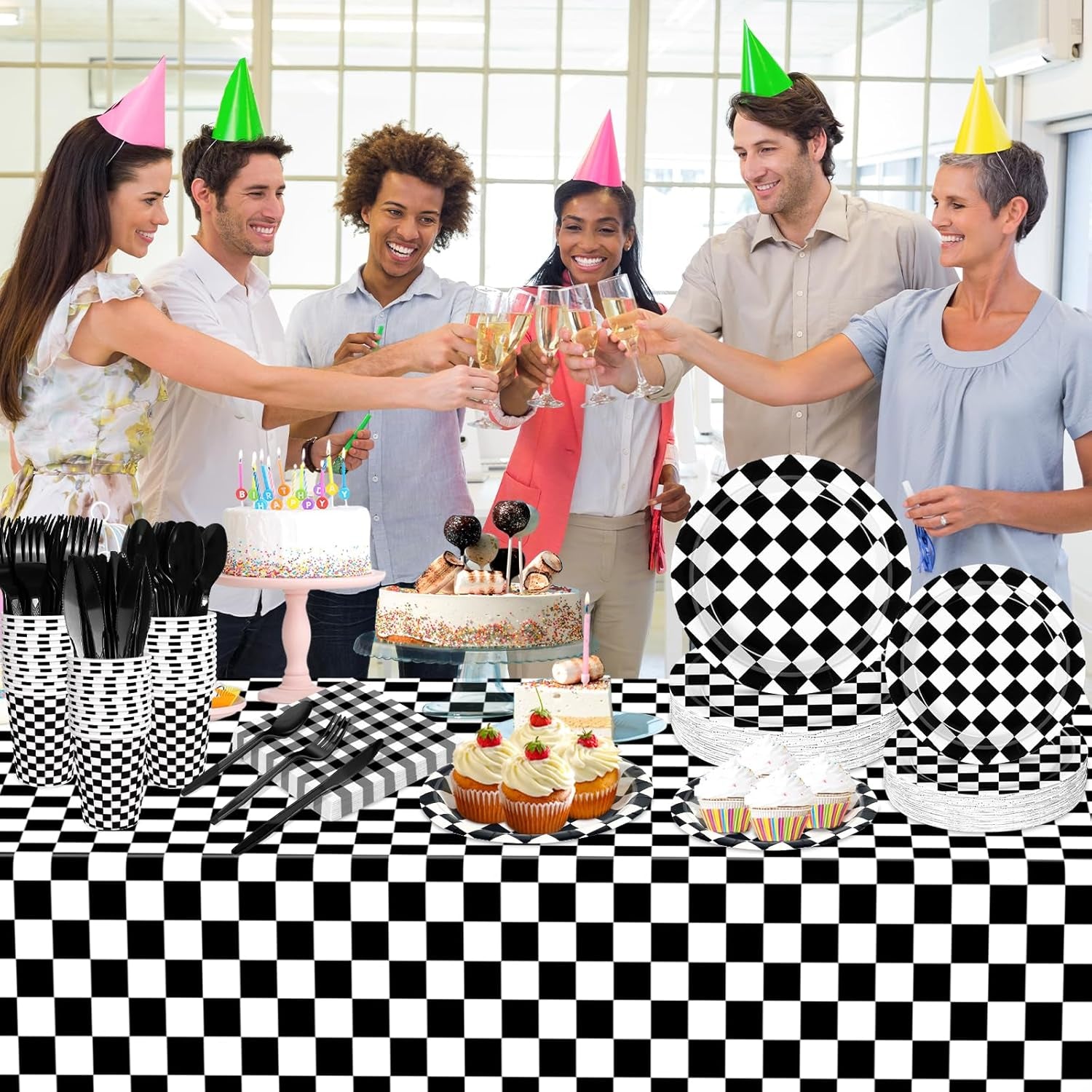 176 PCS Race Car Birthday Party Decorations Black and White Gingham Plates and Napkins, Cups Plastic Spoons Forks Knives, Cutlery for Cars Birthday Decorations, Serves 25