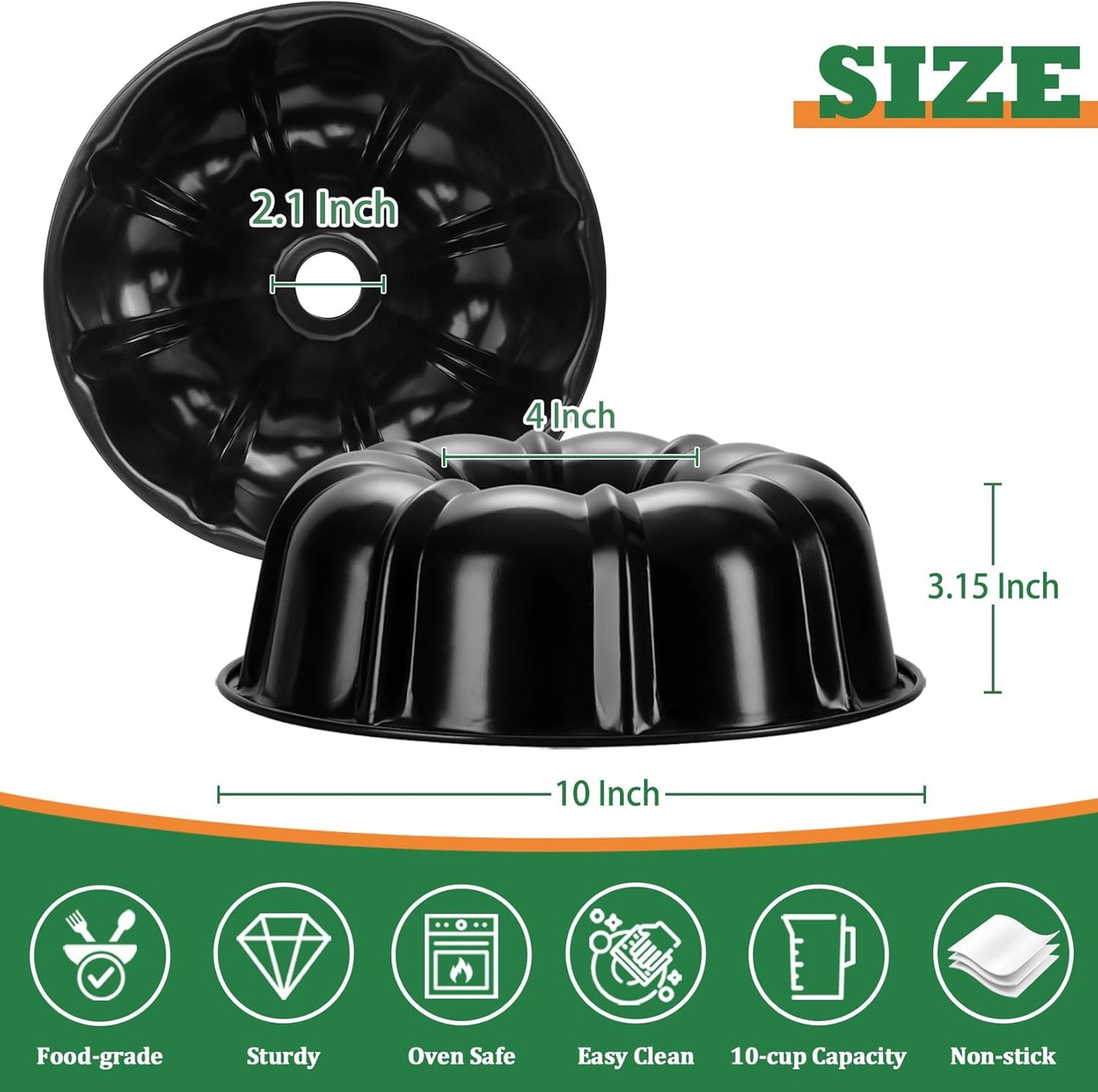 10 Inch Black Non-Stick Cake Pan, Carbon Steel Fluted Tube round Baking Pan for Pound Cake, 10-Cup Large Capacity Bakeware, Healthy & Heavy Duty, 1 Piece