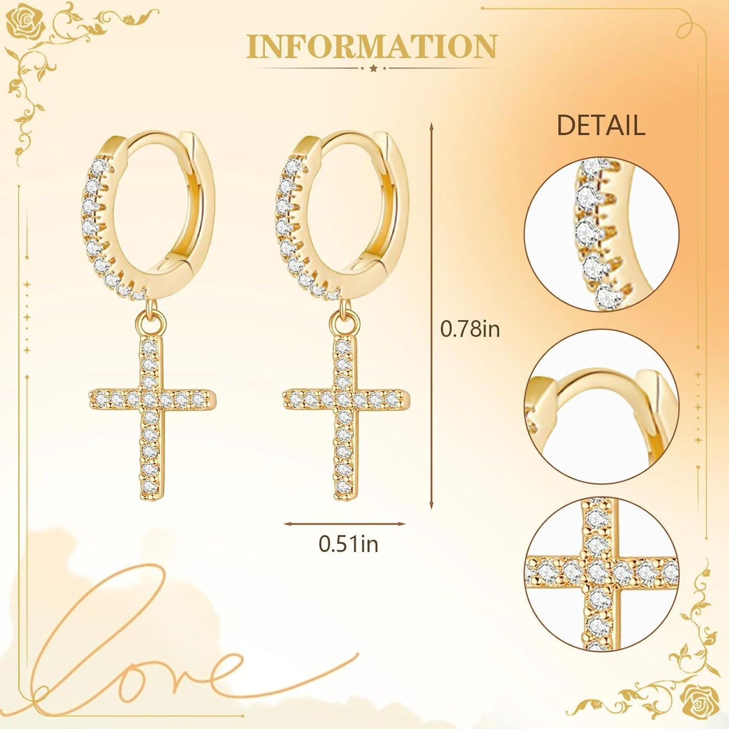 Mother'S Day Gold Hoop Earrings for Women 14K Gold Plated Huggie Hoop Earring Diamond Cut Cubic Zirconia Cross Earrings Hypoallergenic Dangle Earrings Jewelry Gift for Girls and Ladies (Cross-Gold)