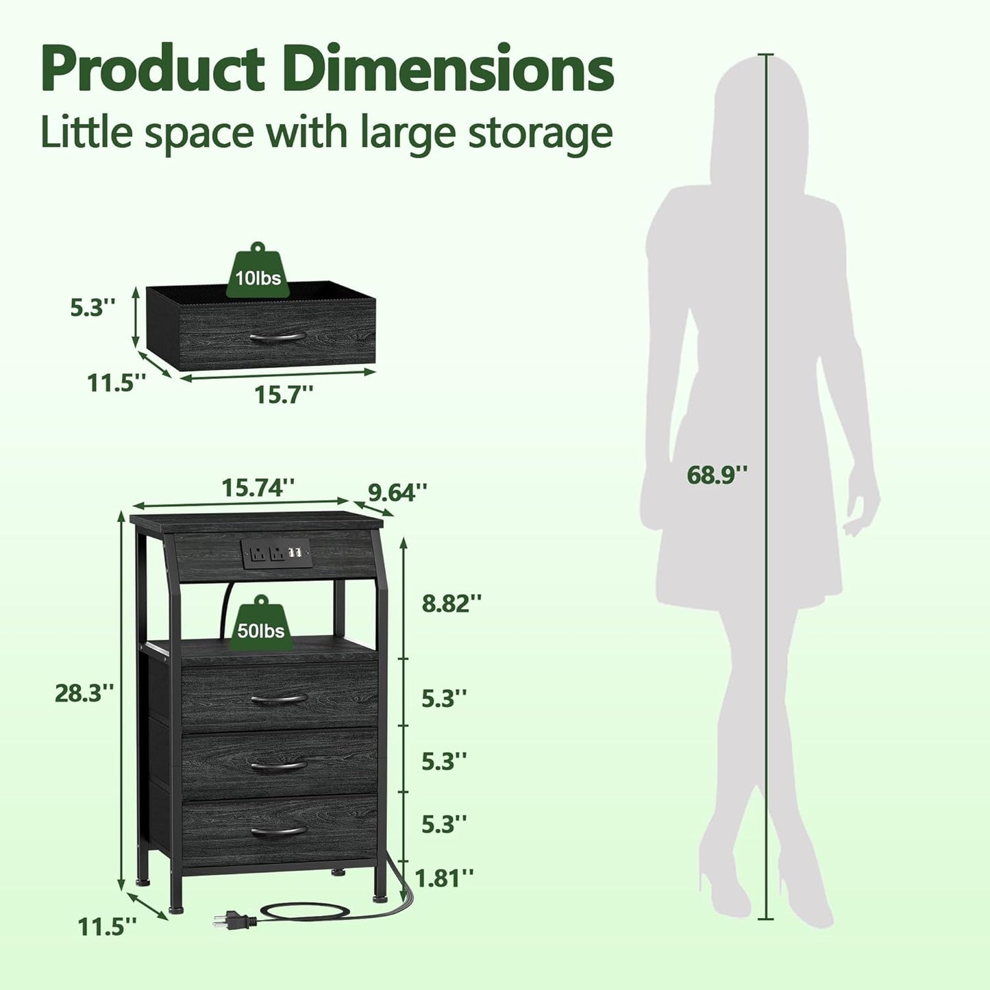 Black Oak Night Stand with Charging Station - 28.3 Inch Tall Side Table Featuring Fabric Drawers, Storage Shelf, USB Ports, and Outlets for Versatile Bedroom Use