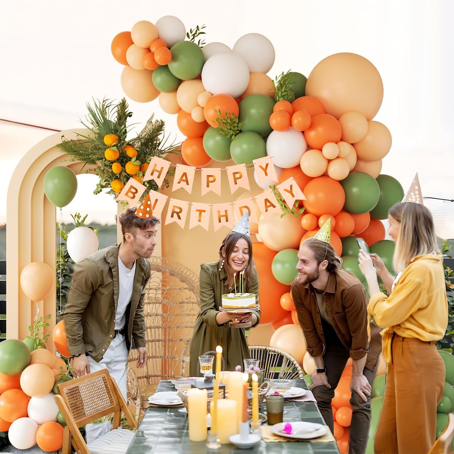141Pcs Little Cutie Orange and White Balloon Arch Garland Kit with Sage Green Orange Nude Sand White Balloons for Birthday Party Little Cutie Baby Shower Decorations