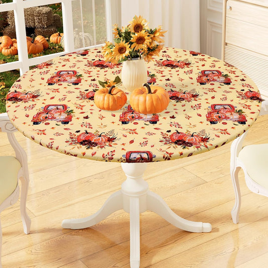 round Fitted Tablecloth with Elastic Edge, 100% Waterproof Oil Proof Plastic Table Cover, Vinyl Flannel Backed Tablecloth Fits 36"-44" round Tables for Fall, Thanksgiving, Pumpkin Truck