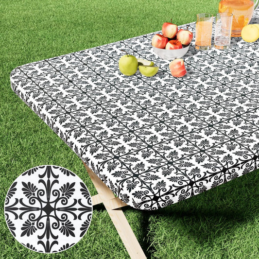 Rectangle Vinyl Table Cloth, Elastic Fitted Flannel Backed Tablecloth, 100% Waterproof Plastic Table Cover Fits 6 Foot Folding Tables for Picnic, Camping, Outdoor (Black, 30" X 72")