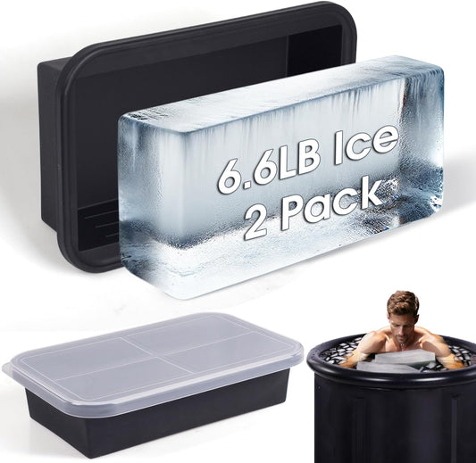 Extra Large Ice Block Mold for Ice Bath Cold Plunge Accessories Chiller Cooler, 2 Pack for 6.6LB Ice, Steel Reinforced Stackable Silicone Ice Molds with Lids for Big Giant Ice Brick, Black
