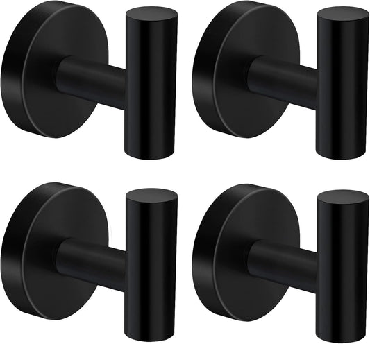 Wall Towel Hooks, Heavy Duty Holder Waterproof Bathroom Towel Hooks for Hanging Coat, Clothes, Closet Hook Wall Mount for Kitchen (Black, Drilling 4 Pack)
