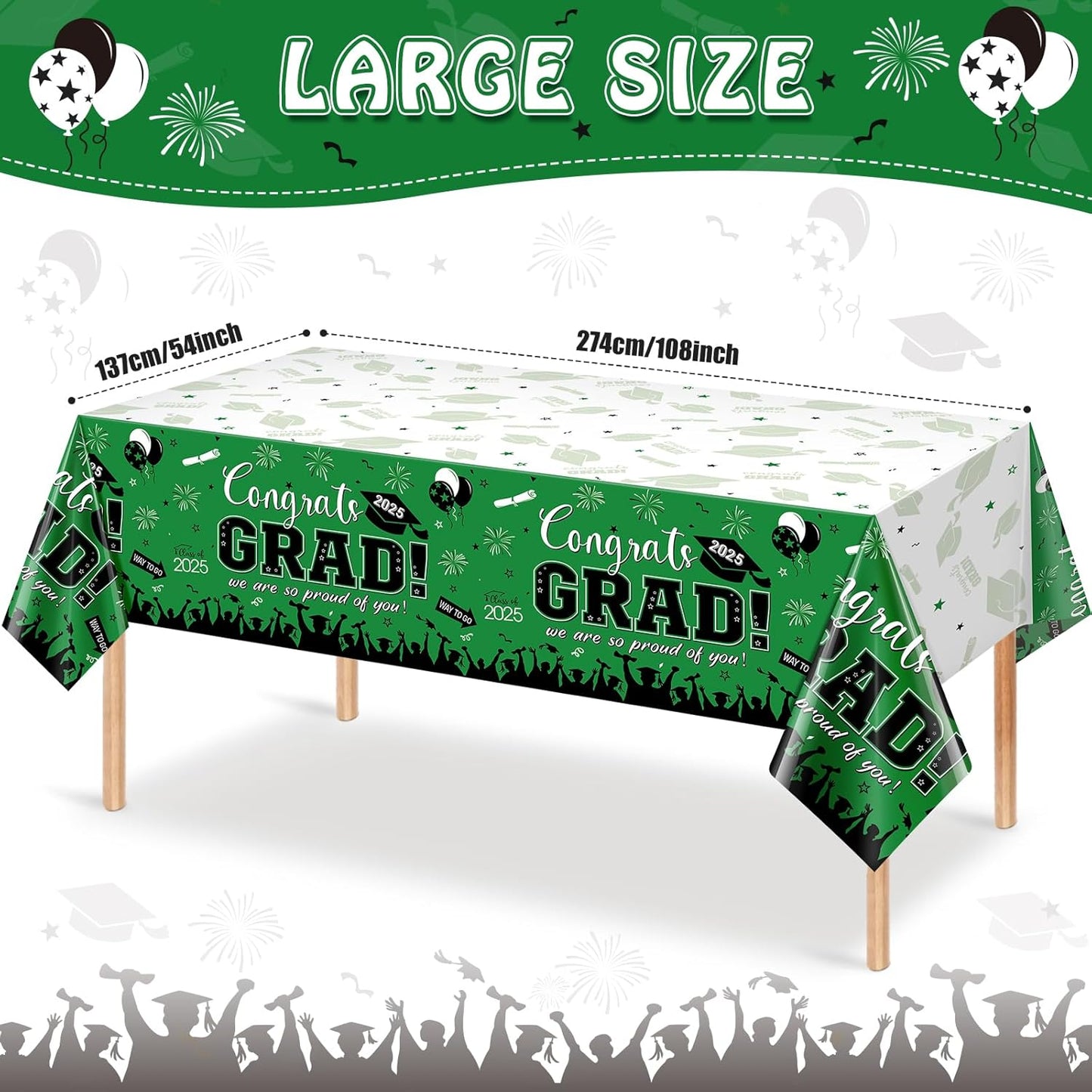 3 Pack Graduation Tablecloth Party Decorations, Class of 2025 Congrats Grad Plastic Tablecover Party Supplies, Green Rectangle Graduation Table Decorations for College High School Party, 54 X 108 Inch