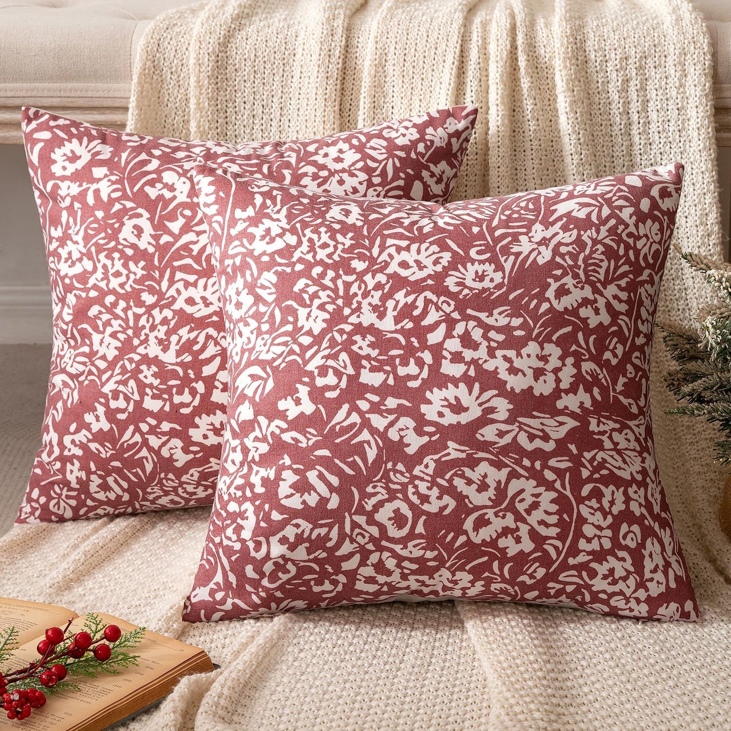 Floral Pillow Covers 18X18 Set of 2, Neutral Linen Decorative Throw Pillow Covers for Sofa Couch Outdoor Living Room, Farmhouse Cushion Covers, Red