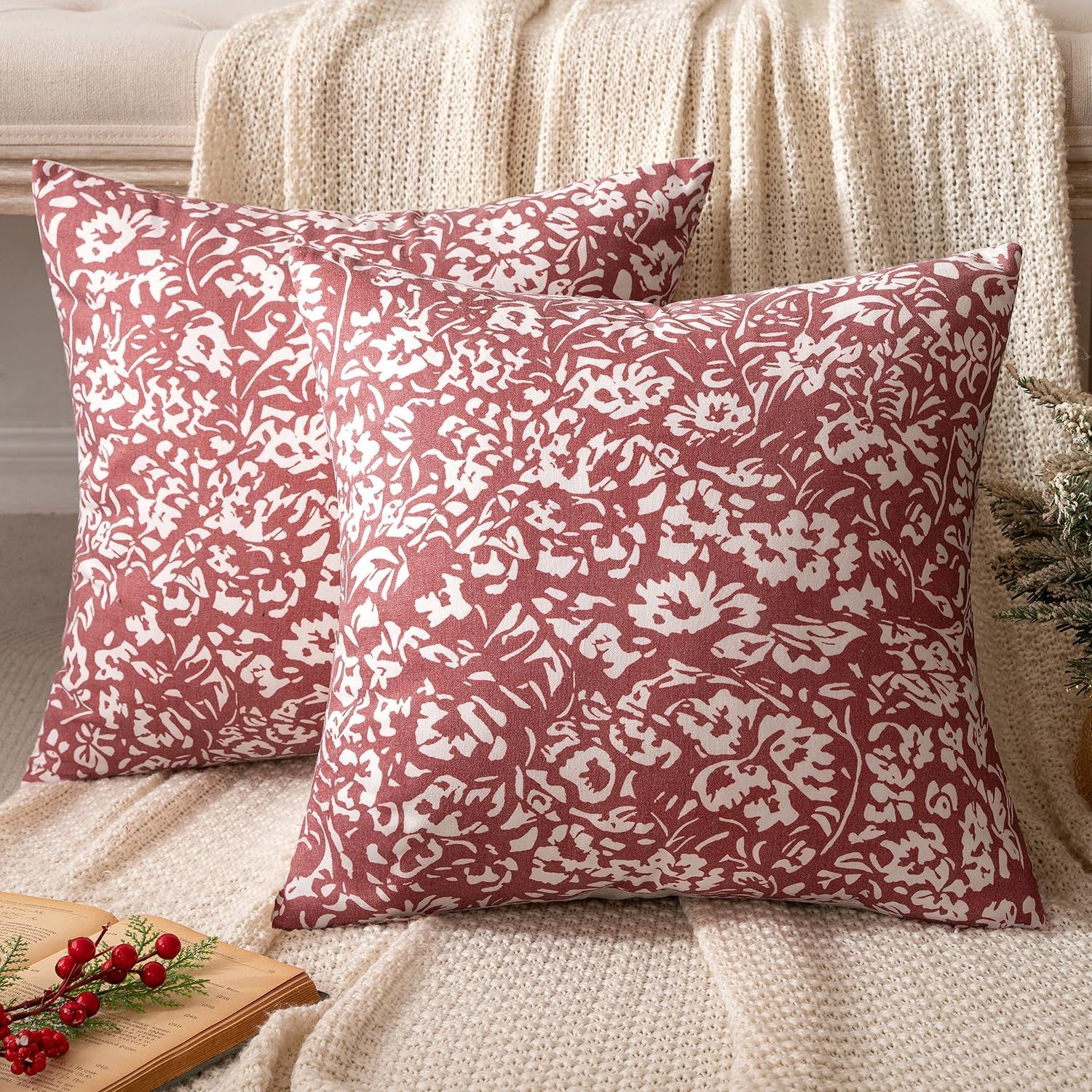 Floral Pillow Covers 18X18 Set of 2, Neutral Linen Decorative Throw Pillow Covers for Sofa Couch Outdoor Living Room, Farmhouse Cushion Covers, Red