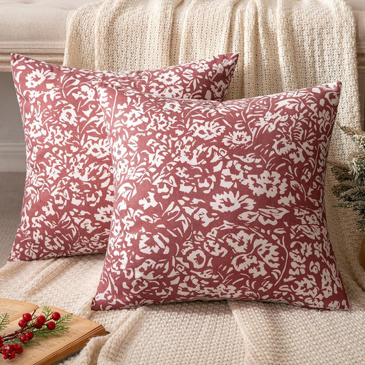 Floral Pillow Covers 18X18 Set of 2, Neutral Linen Decorative Throw Pillow Covers for Sofa Couch Outdoor Living Room, Farmhouse Cushion Covers, Red