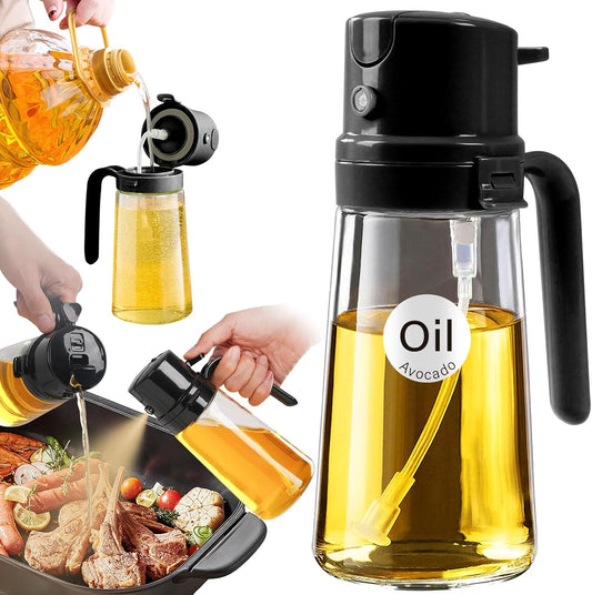 16Oz/470Ml Easy Refillable Oil Sprayer for Cooking, 2 in 1 Oil Dispenser for Kitchen and Oil Sprayer Bottle, Food-Grade Glass Oil Mister with Simple Open Design, Air Fryer,Bbq (Black)