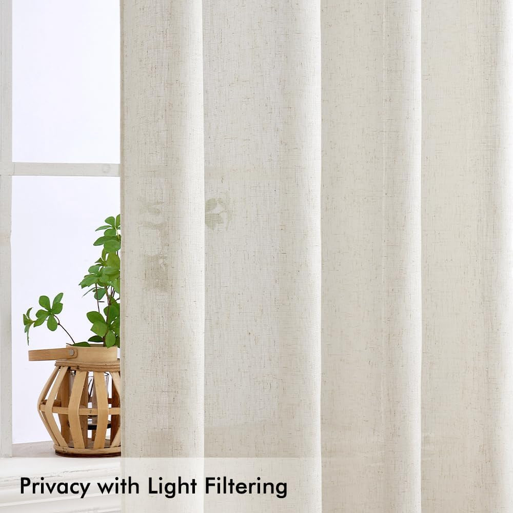 Ivory Cream Linen Back Tab Curtains 63 Inch Length 2 Panels Set, Semi Sheer Light Filtering Privacy Drapes for Modern Farmhouse Living Room Bedroom, Neutral Textured Pinch Pleated Look Window Curtains