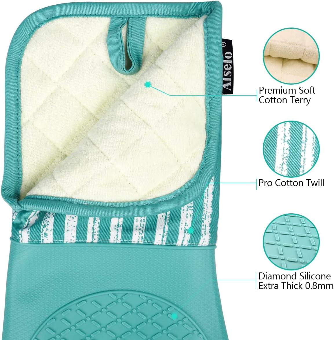 Silicone Oven Mitts Heat Resistant 932℉ with Waterproof & Non-Slip Kitchen Mittens, Set of 2 Extra Long Oven Gloves with Soft Cotton Terry Lining for Baking Cooking Barbecue