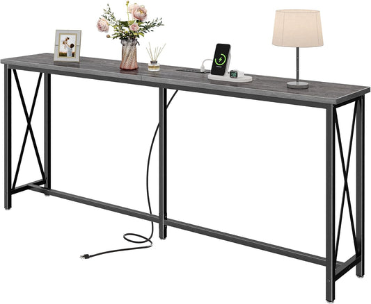 70-Inch Console Table with Integrated Outlets and USB-C Port, Extra Long X-Shaped Design for Entryway and Living Room, Metal Frame with Wooden Top, Grey Finish