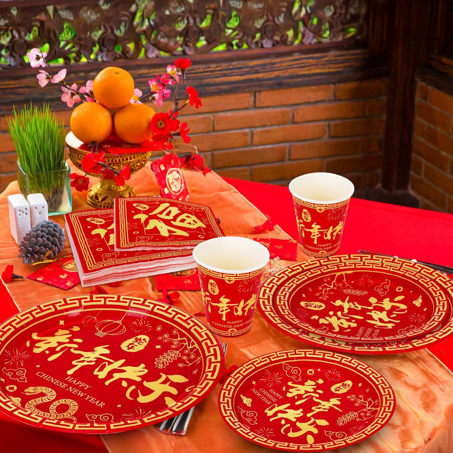 96 PCS Chinese New Year Decorations 2025, 24 SET Disposable Plates, Napkins, Cups & Paper Plates, Year of the Snake 2025 Lunar New Year Party Supplies