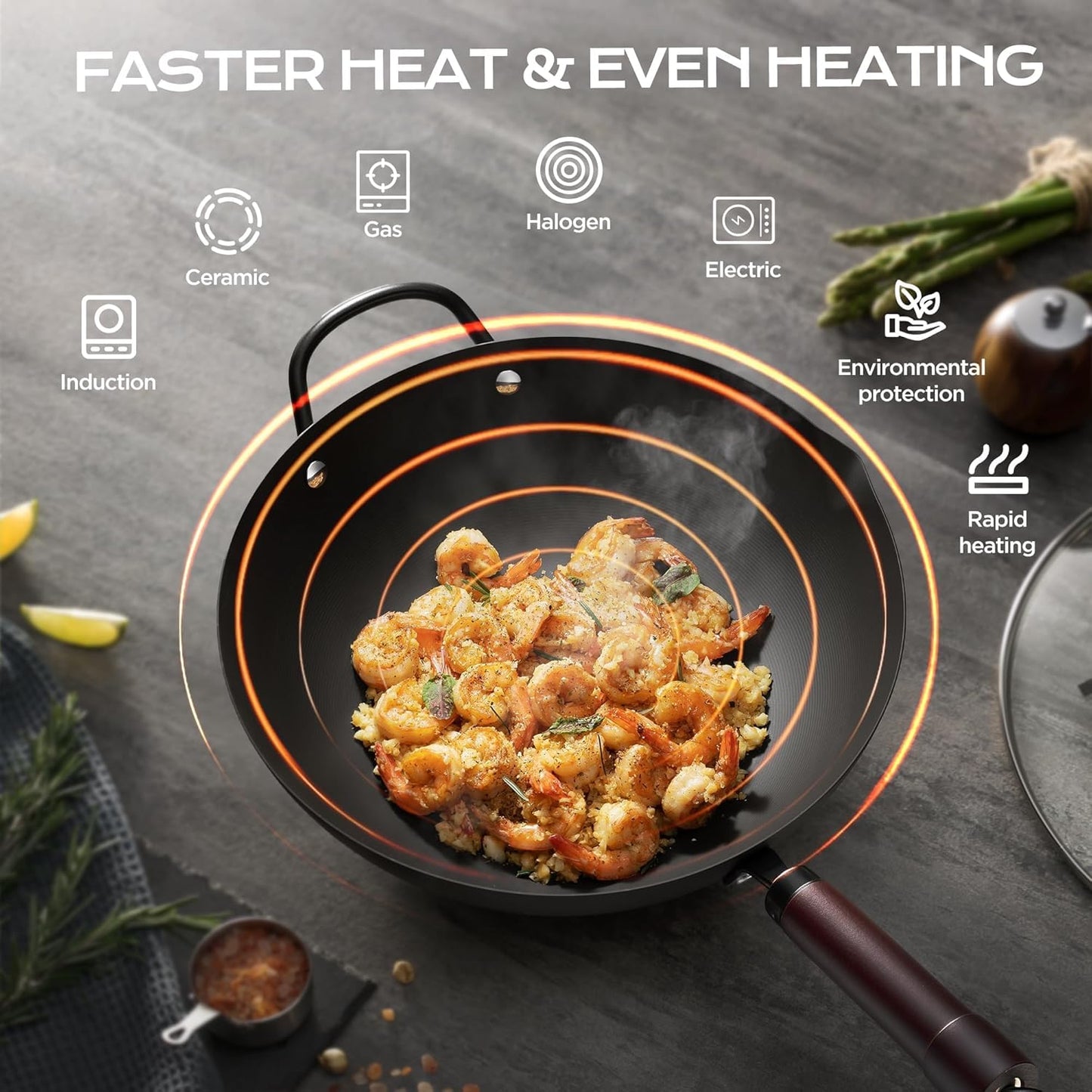 Wok, 13 Inch Carbon Steel Woks & Stir-Fry Pans Nonstick, Pre-Seasoned 5.8QT Flat Bottom Chinese Wok Pan with Lid, Carbon Steel Cookware, Compatible with All Cooktops