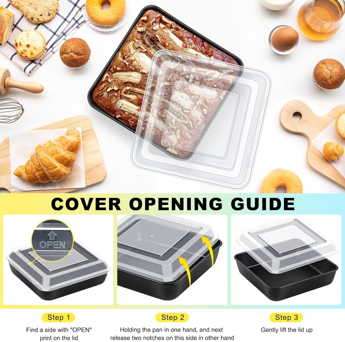 Square Baking Pan with Lid, Nonstick Stainless Steel Square Cake Pan and Plastic Lid, Black Bakeware Tin for Lasagna Brownies, Sturdy & Easy Clean, (8 Inch, 2Pcs)