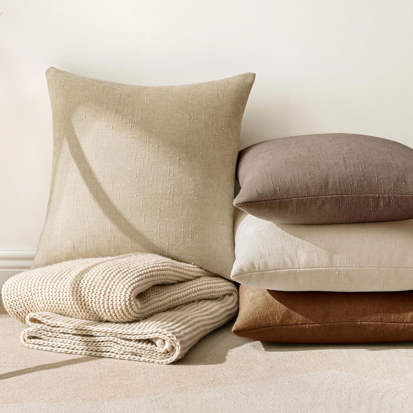 Set of 2 Soft Chenille Decorative Throw Pillow Covers, Solid Textured Cushions for Couch, Sofa, and Bedroom, 20x20 Inches, Beige