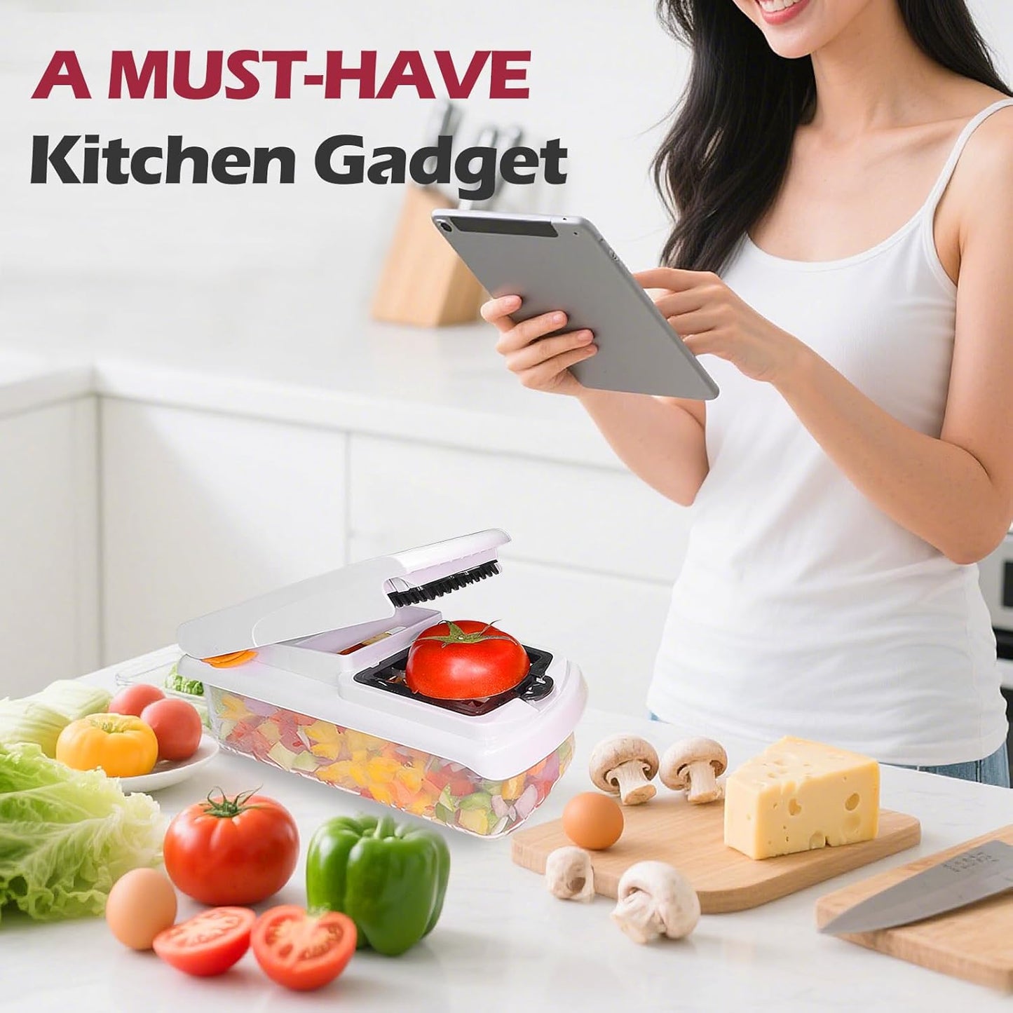 Vegetable Chopper for Mandoline Slicer, 15-In-1 Veggie Choppers, Cheese Grater, Onion Cutter with Container, Kitchen Gadgets Essentials, Vegetable Dicer, Onion Mincer Tomato Slicer (White)