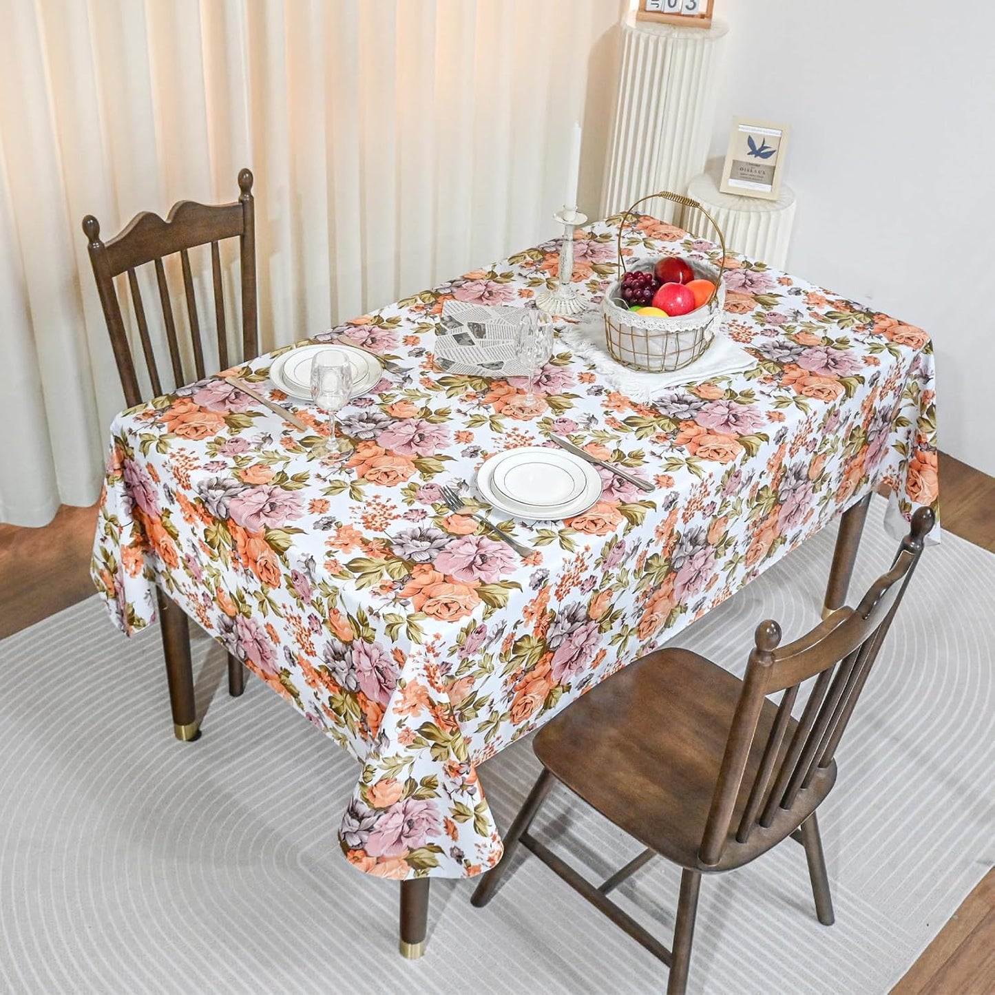 Rectangle Flower Table Cloth, Waterproof Vinyl Tablecloth with Flannel Backing, Table Linens, Plastic Tablecloths for Dinner, Kitchen and Parties, 60"X84"