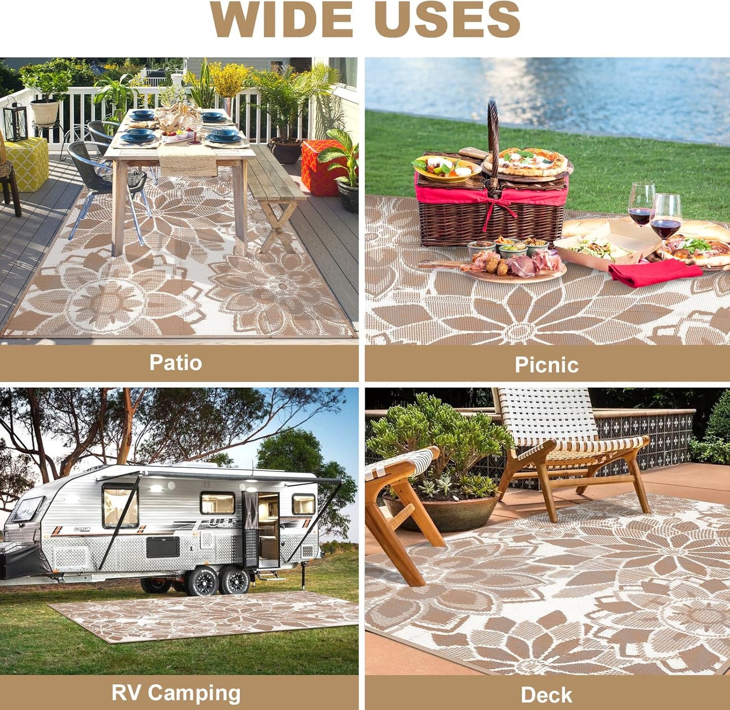 Reversible Waterproof Outdoor Rug for Patio, 6' x 9' Plastic Straw Area Mat, Ideal for RVs, Decks, Porches, Picnics, Beaches, and Balconies in Brown and White