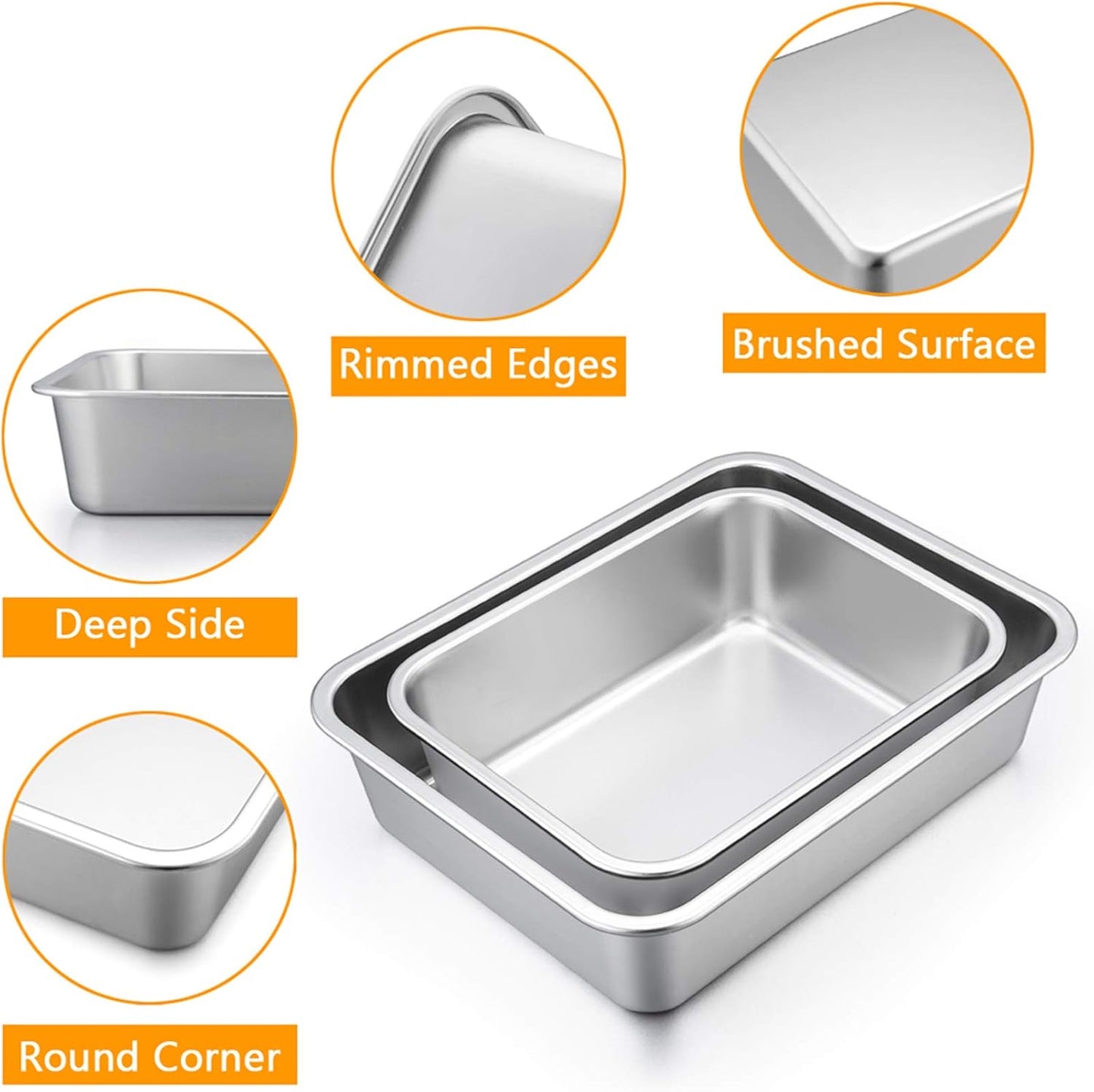 Lasagna Pan Set, Stainless Steel Rectangular Baking Pan for Brownie/Cake/Meat, Non-Toxic & Heavy Duty, Deep Side & Rolled Rim, Brushed Surface & Dishwasher Safe, 10.7" X 3.2" + 12.7" X 3.2"