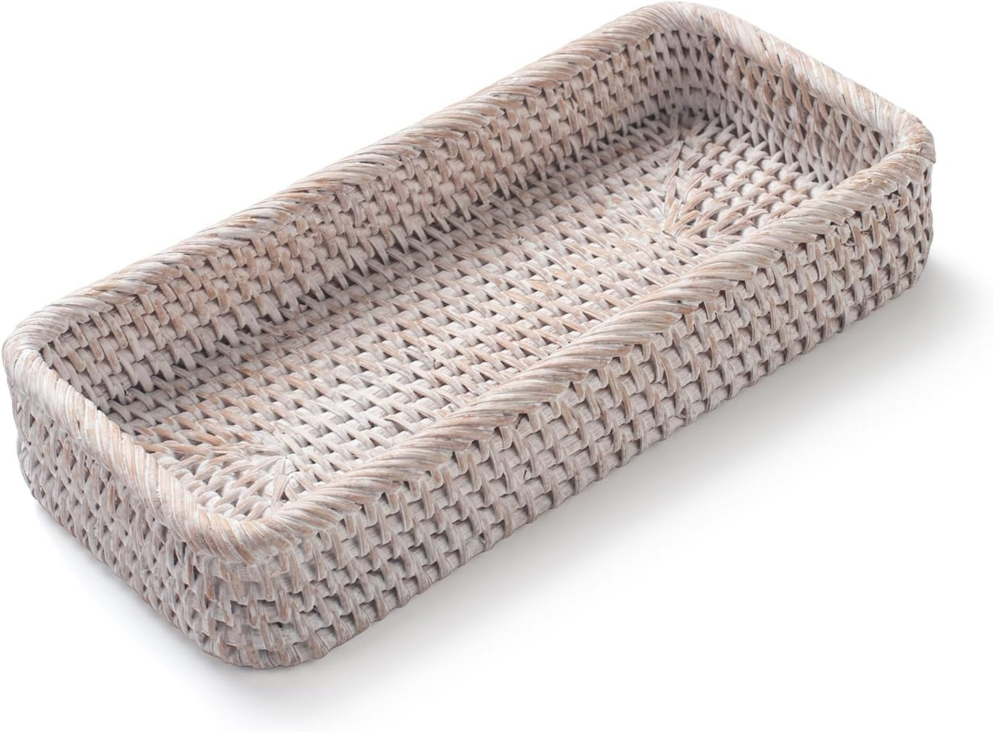 Rattan Bathroom Vanity Trays Toilet Tank Baskets Long Narrow Hand Towel Storage Basket for Storage, Decorative (Whitewash 10.2 X 4.9 X 1.6 Inch)
