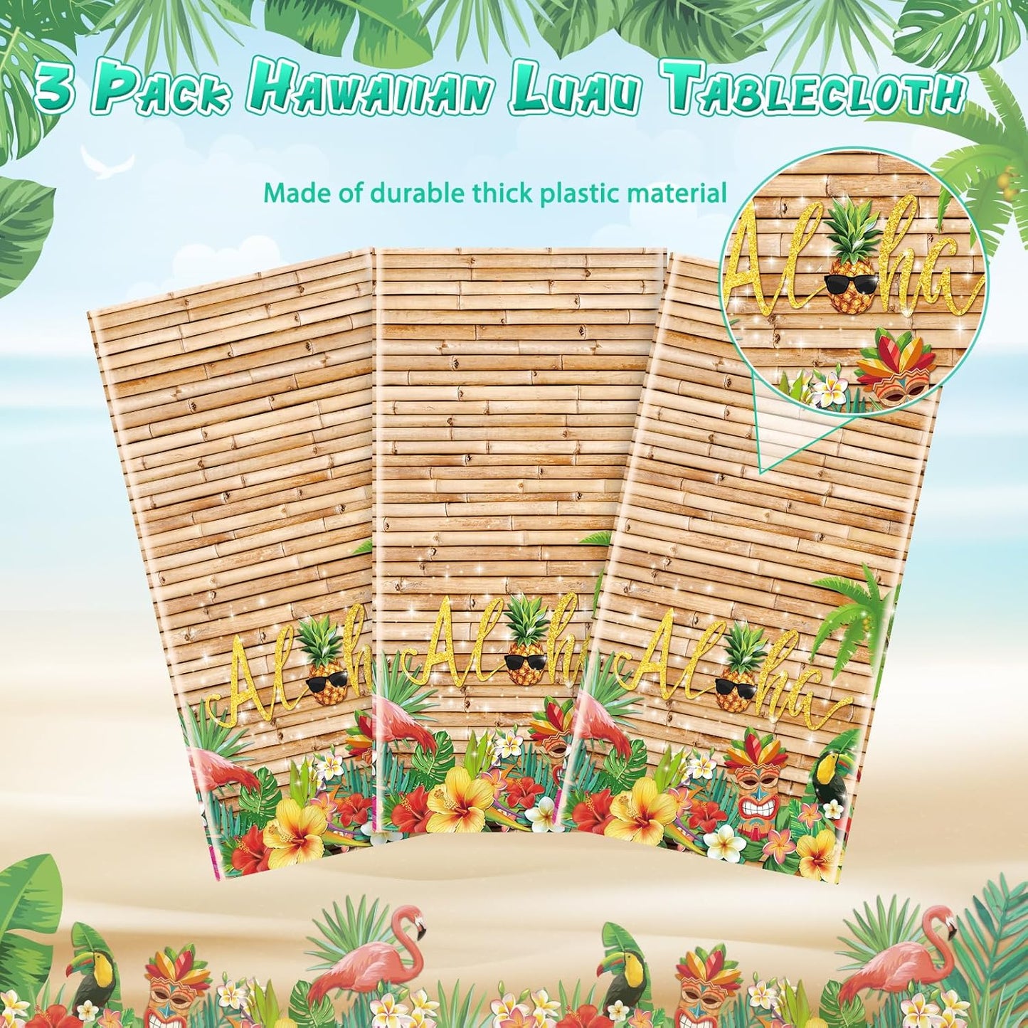 3Pcs Hawaiian Luau Tablecloth Tiki Party Tablecloths Tropical Table Cloth Plastic Disposable Rectangle Table Covers for Tiki Bar Tropical Summer Beach Pool Birthday Party Decorations ,108X 54 Inch