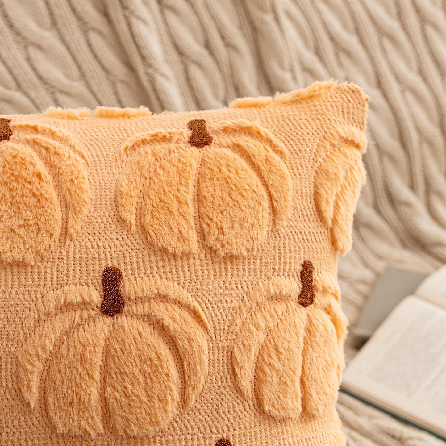 Autumn-Inspired Pumpkin Decorative Throw Pillow Covers - Set of 2, 18 x 18 Inches, Soft Plush Faux Fur for Farmhouse and Halloween Décor