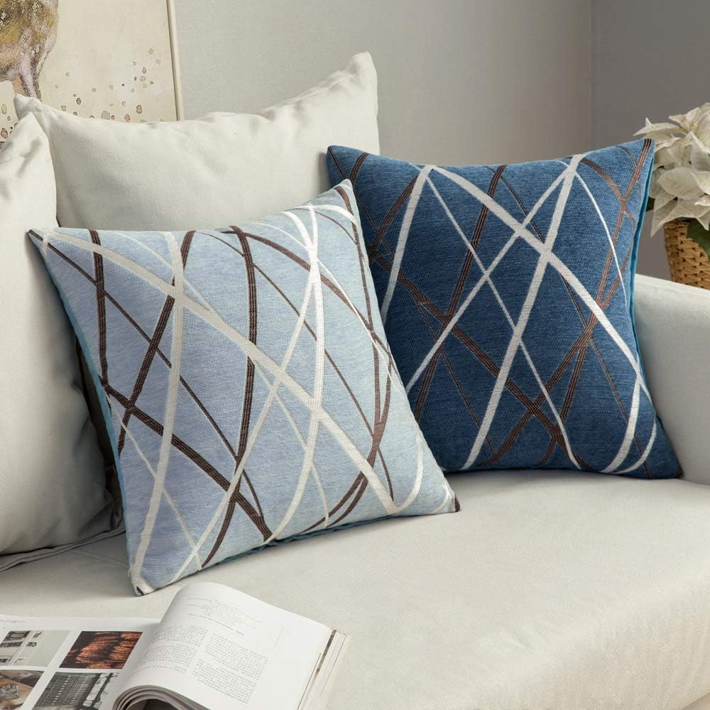 Pack of 2 Decorative Throw Pillow Covers Woven Textured Chenille Cozy Modern Concise Soft Blue Square Cushion Shams for Bedroom Sofa Car 18 X 18 Inch