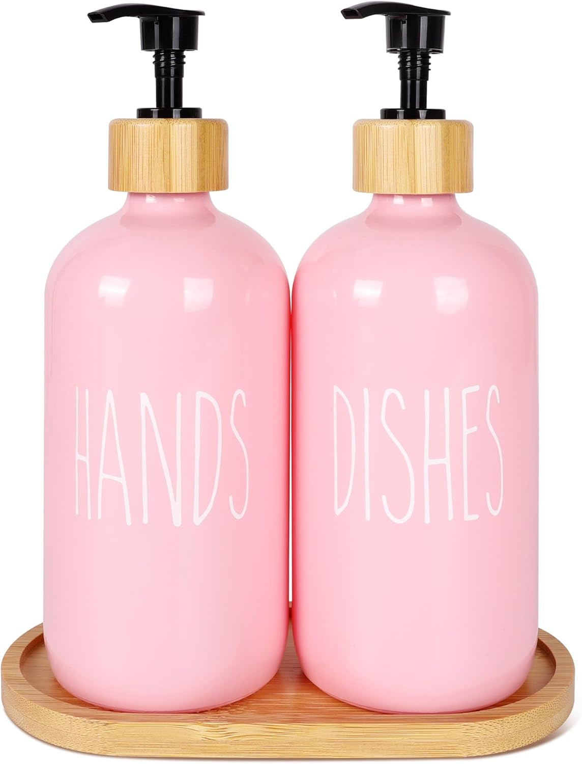 16 OZ Pink Soap Dispenser Women,2 Pack Glass Refillable Dish and Hand Bottles Set Pump Bottle,House Decor Kitchen Accessories with Wooden Pallet Girly