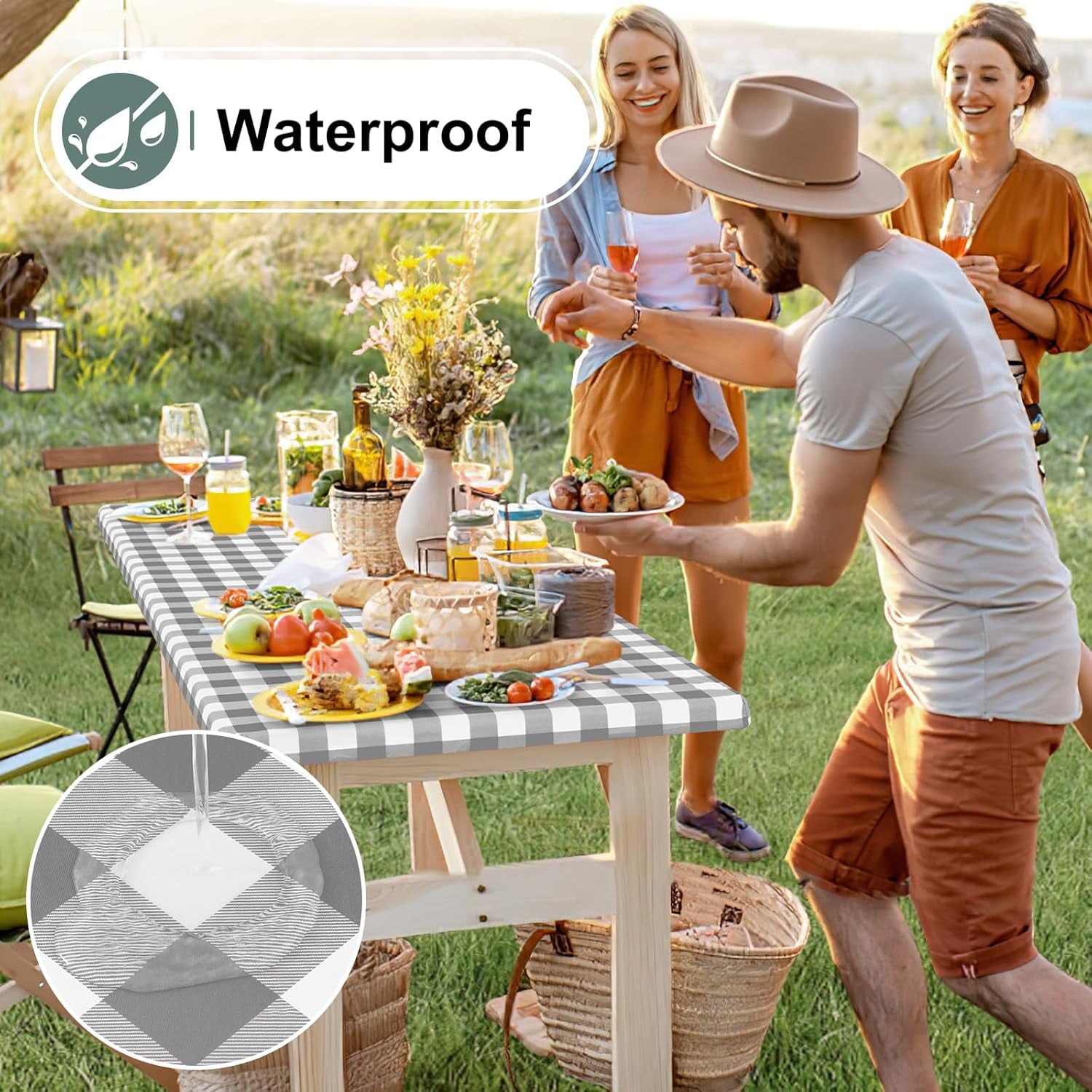 Buffalo Rectangle Picnic Tablecloth, 6 Foot Elastic Fitted Vinyl Table Cloth with Flannel Backing, Waterproof Plaid Table Covers for Dining, Camping, Outdoor (Grey and White, 30" X 72")