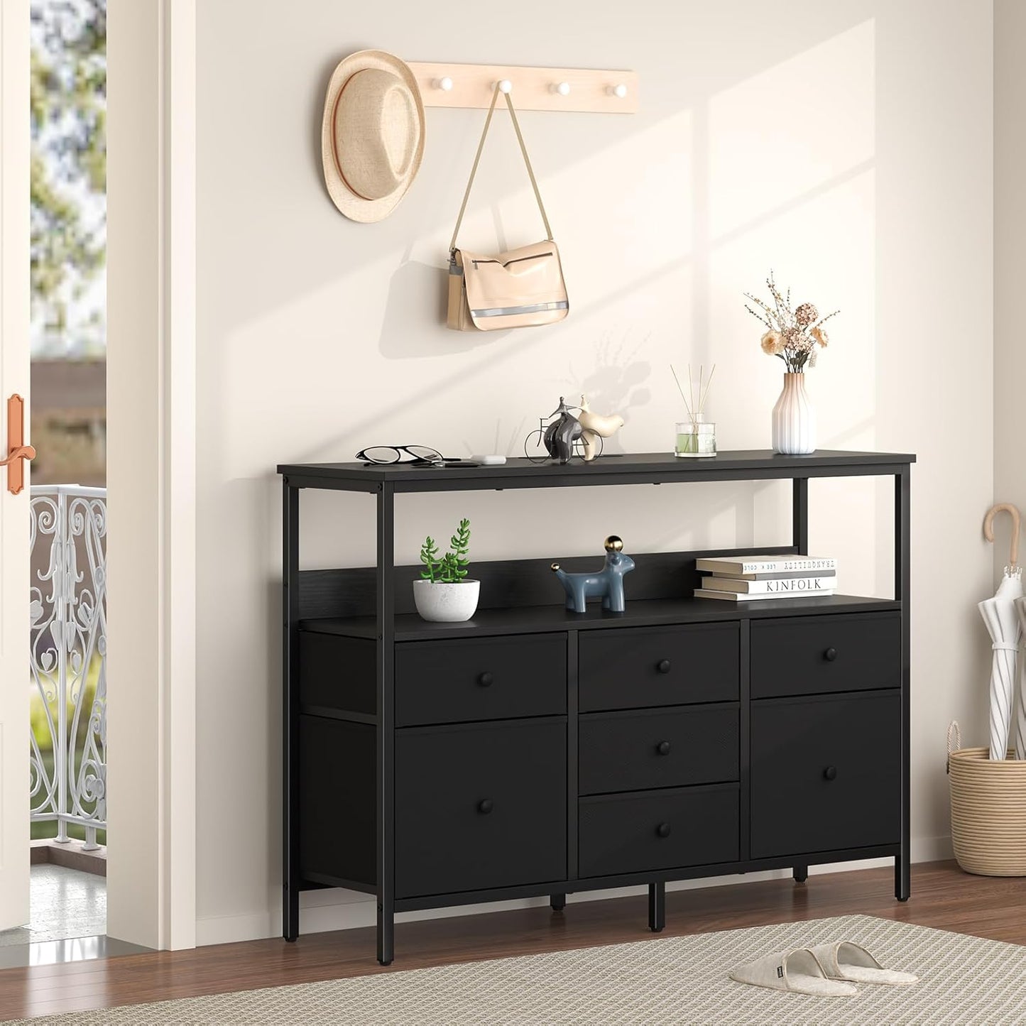 LED TV Stand for Bedroom, 50 Inch Kids Dresser with Power Outlets, 7 Drawers Entertainment Center with Storage Shelf, TV Stands Dresser for Bedroom, Living Room, TV Console Entertainment Stand