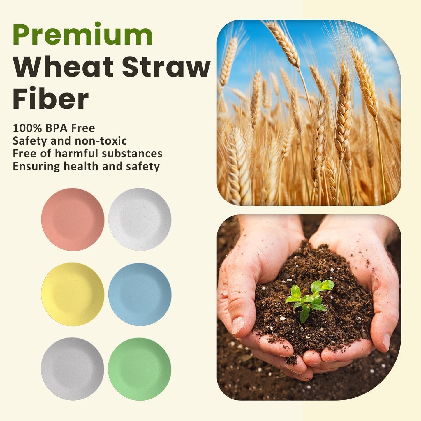 Wheat Straw Plates Set - 6 Reusable 9-Inch Unbreakable Microwave-Safe Plates for Desserts, Camping, RV, Outdoors, and Kitchen Essentials (Macaron Series)